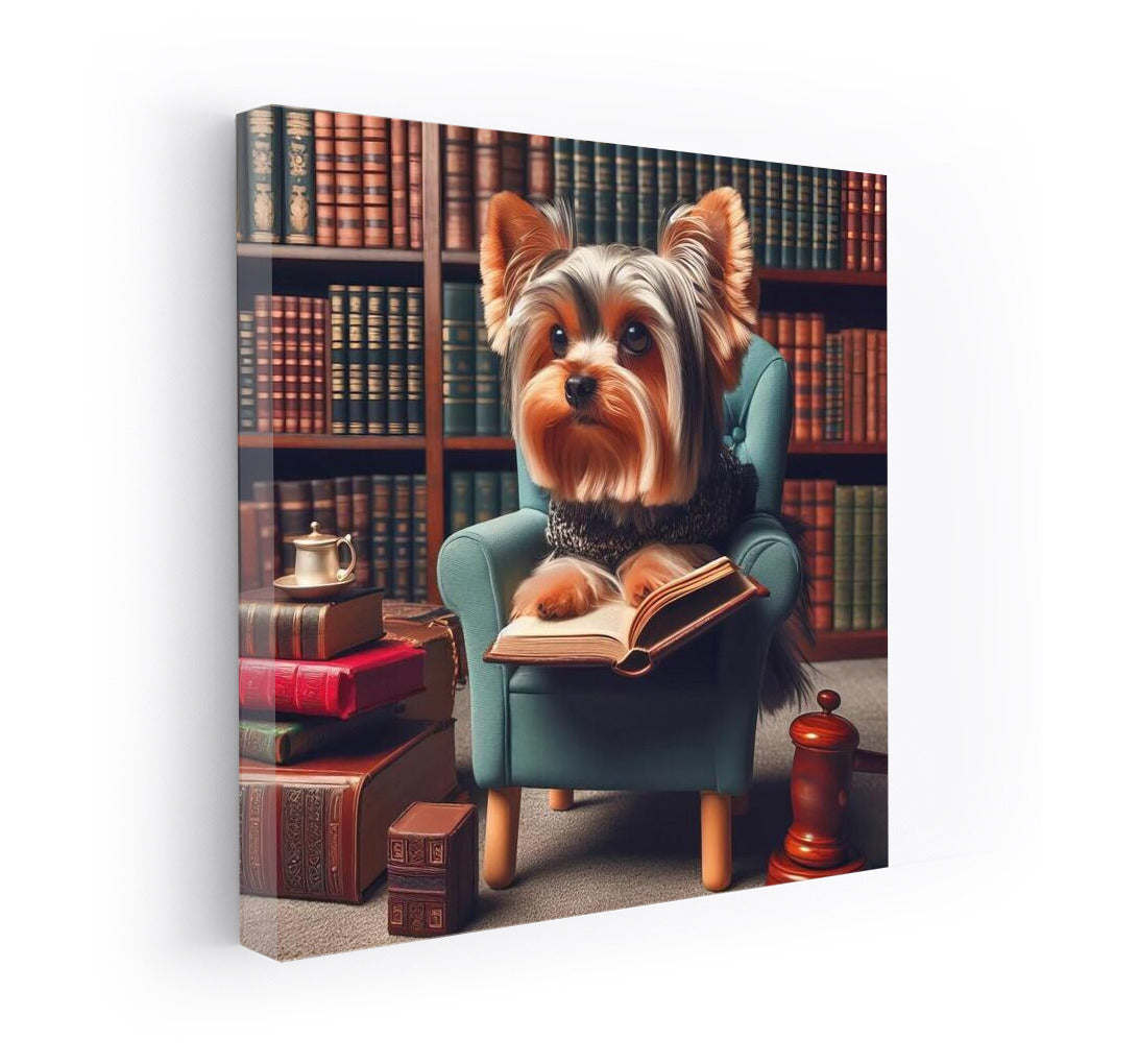 Yorkshire Terrier in the Library: Reading in a Cozy Armchair