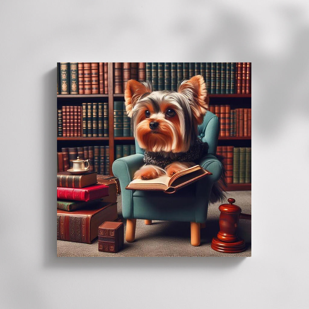 Yorkshire Terrier in the Library: Reading in a Cozy Armchair