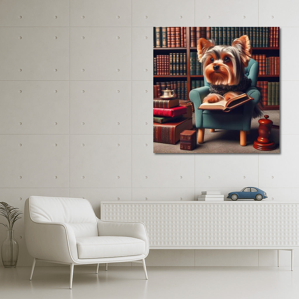 Yorkshire Terrier in the Library: Reading in a Cozy Armchair