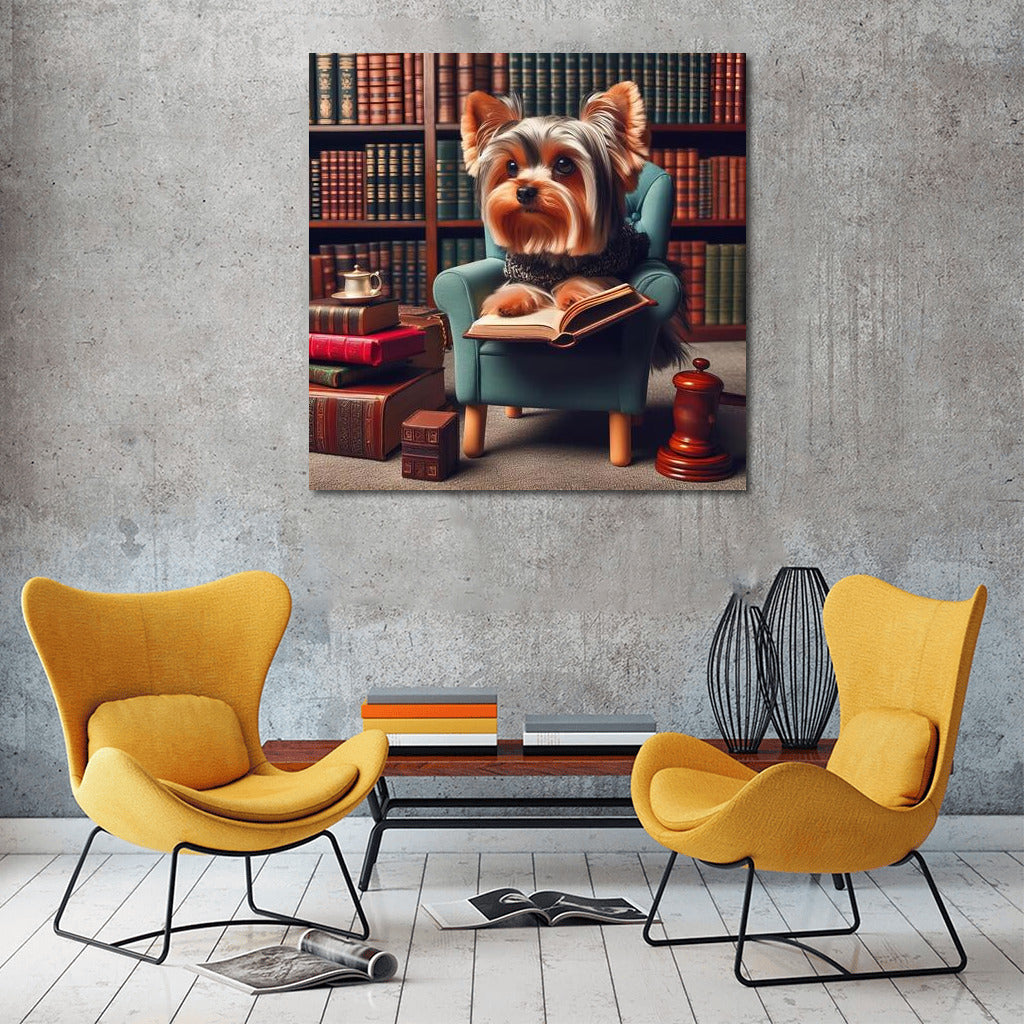 Yorkshire Terrier in the Library: Reading in a Cozy Armchair