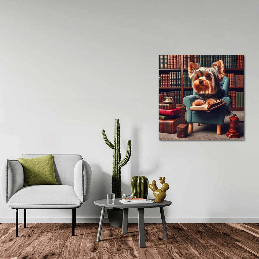 Yorkshire Terrier in the Library: Reading in a Cozy Armchair
