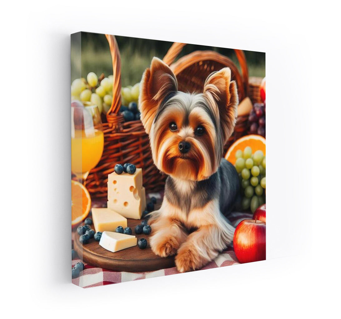 Yorkshire Terrier on a picnic: gourmet heaven on a checkered blanket