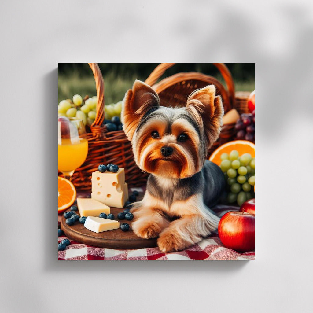 Yorkshire Terrier on a picnic: gourmet heaven on a checkered blanket