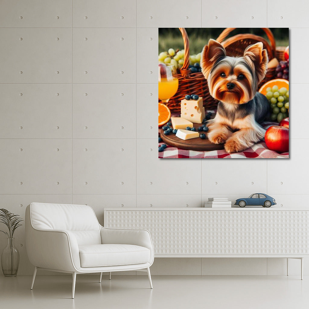 Yorkshire Terrier on a picnic: gourmet heaven on a checkered blanket