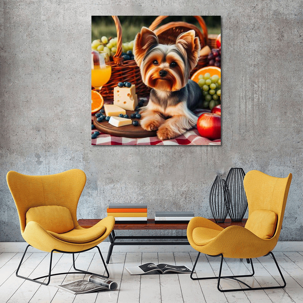 Yorkshire Terrier on a picnic: gourmet heaven on a checkered blanket