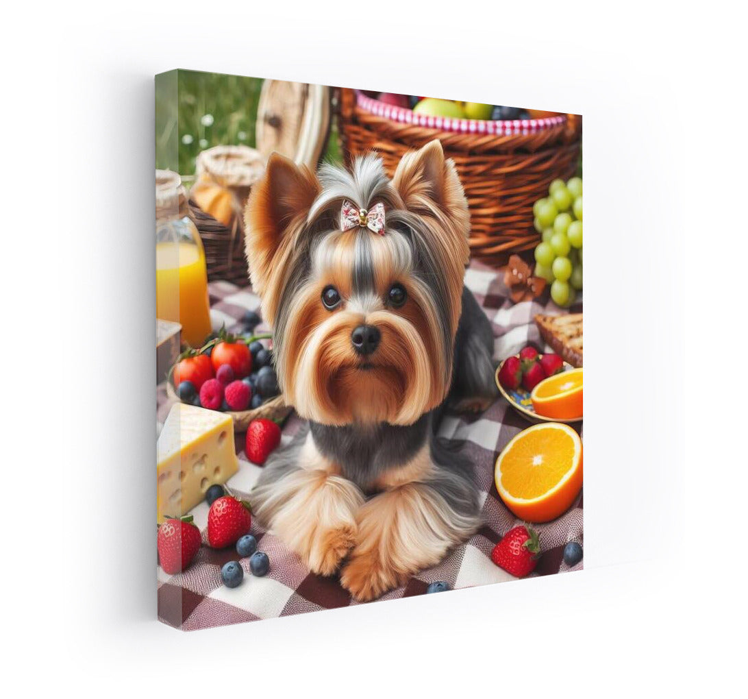 Yorkshire Terrier on a Checkered Blanket: Picnic with Fruit and Cheese