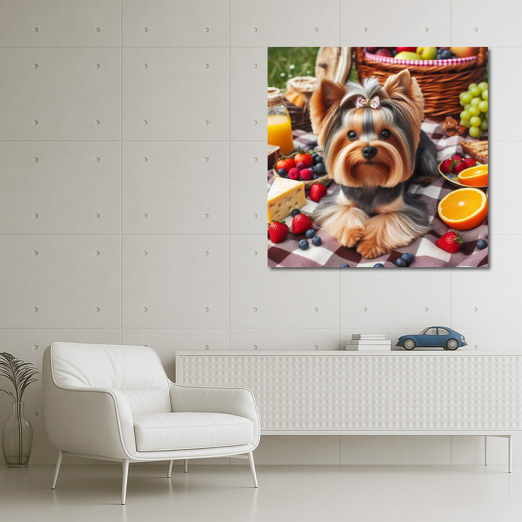 Yorkshire Terrier on a Checkered Blanket: Picnic with Fruit and Cheese