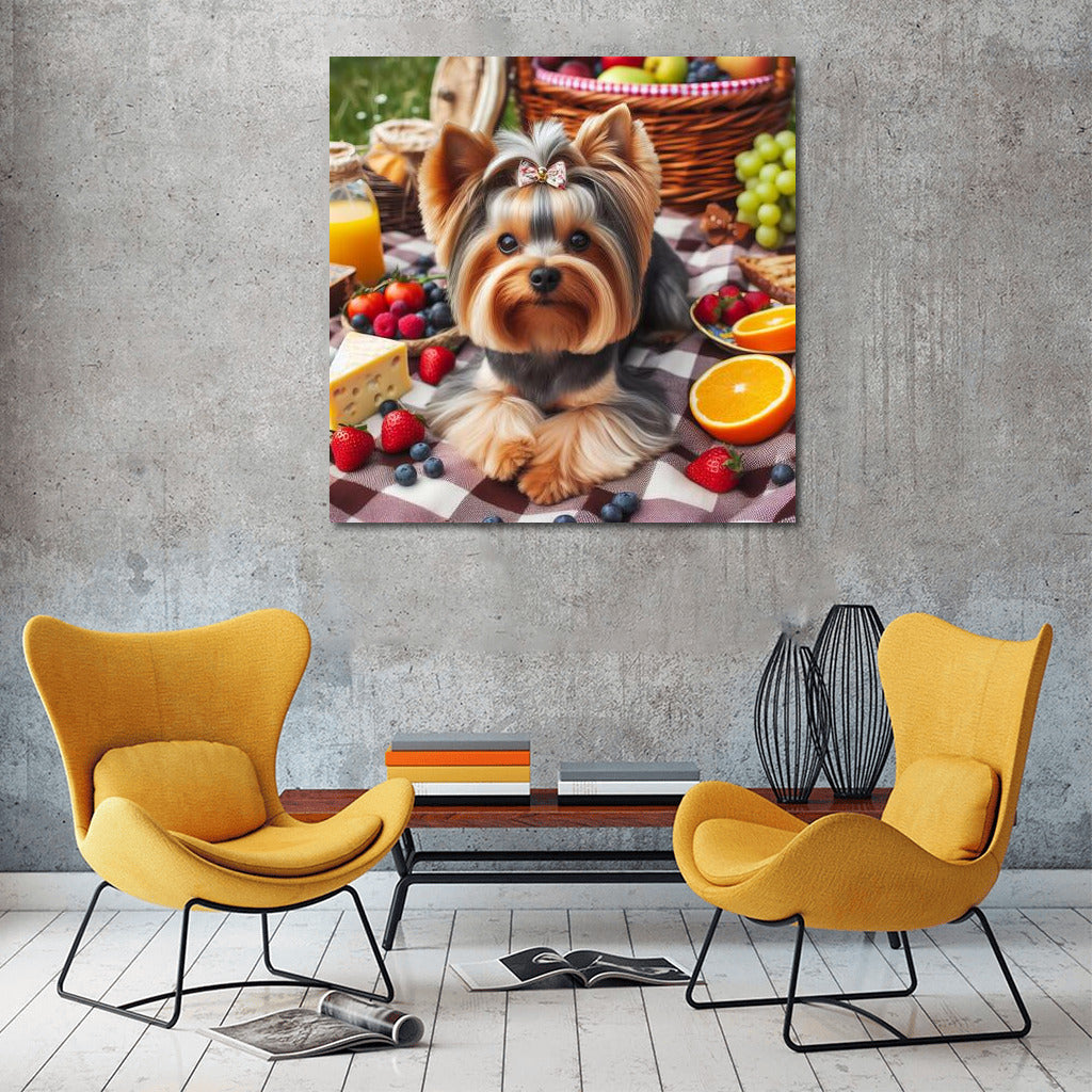Yorkshire Terrier on a Checkered Blanket: Picnic with Fruit and Cheese