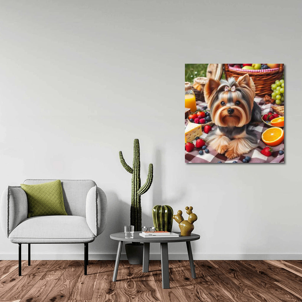 Yorkshire Terrier on a Checkered Blanket: Picnic with Fruit and Cheese