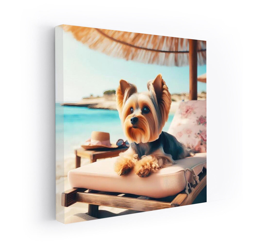 Yorkshire Terrier on the Beach: Relaxing Under an Umbrella