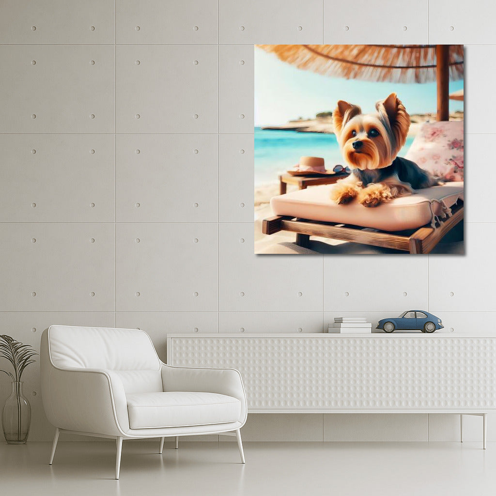 Yorkshire Terrier on the Beach: Relaxing Under an Umbrella