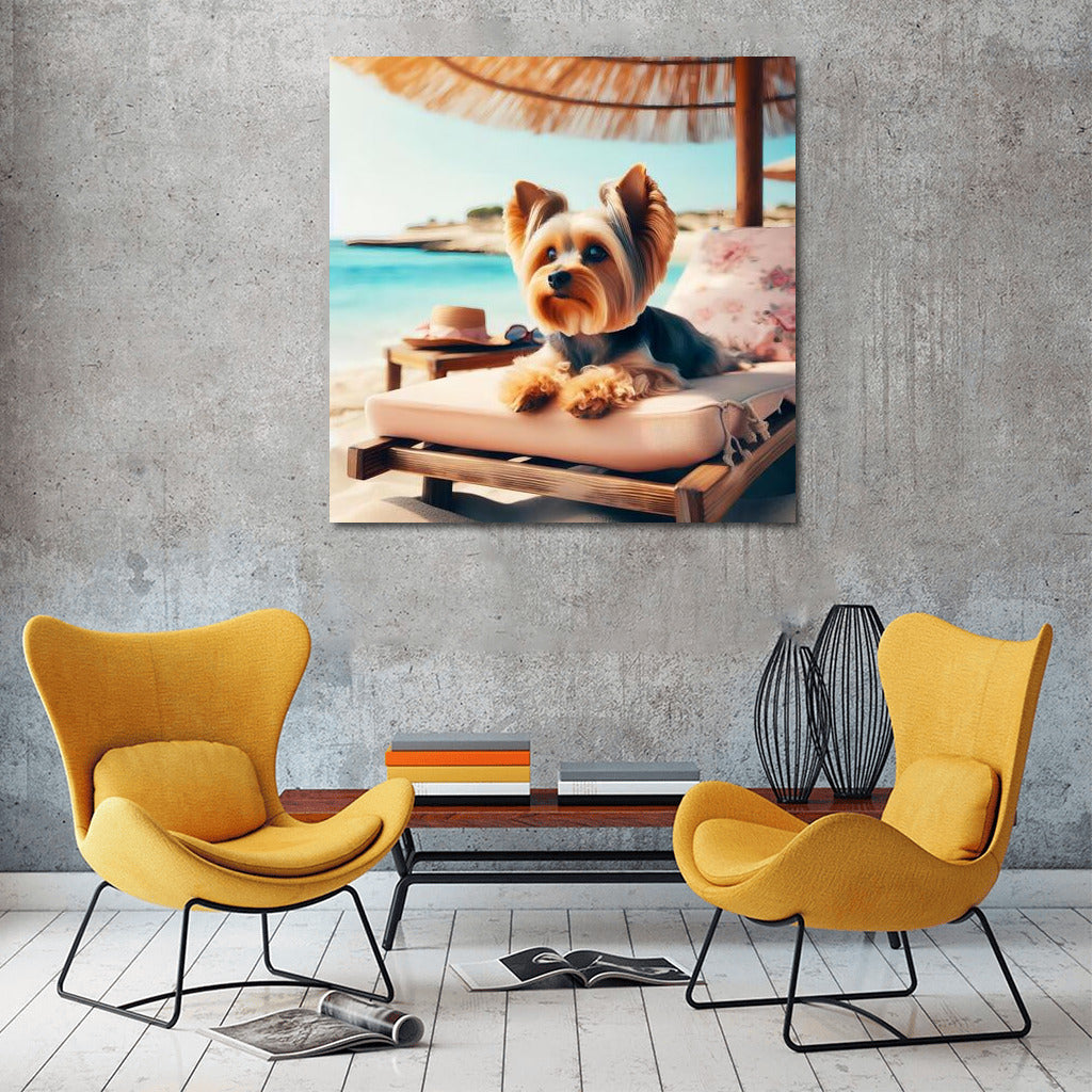Yorkshire Terrier on the Beach: Relaxing Under an Umbrella
