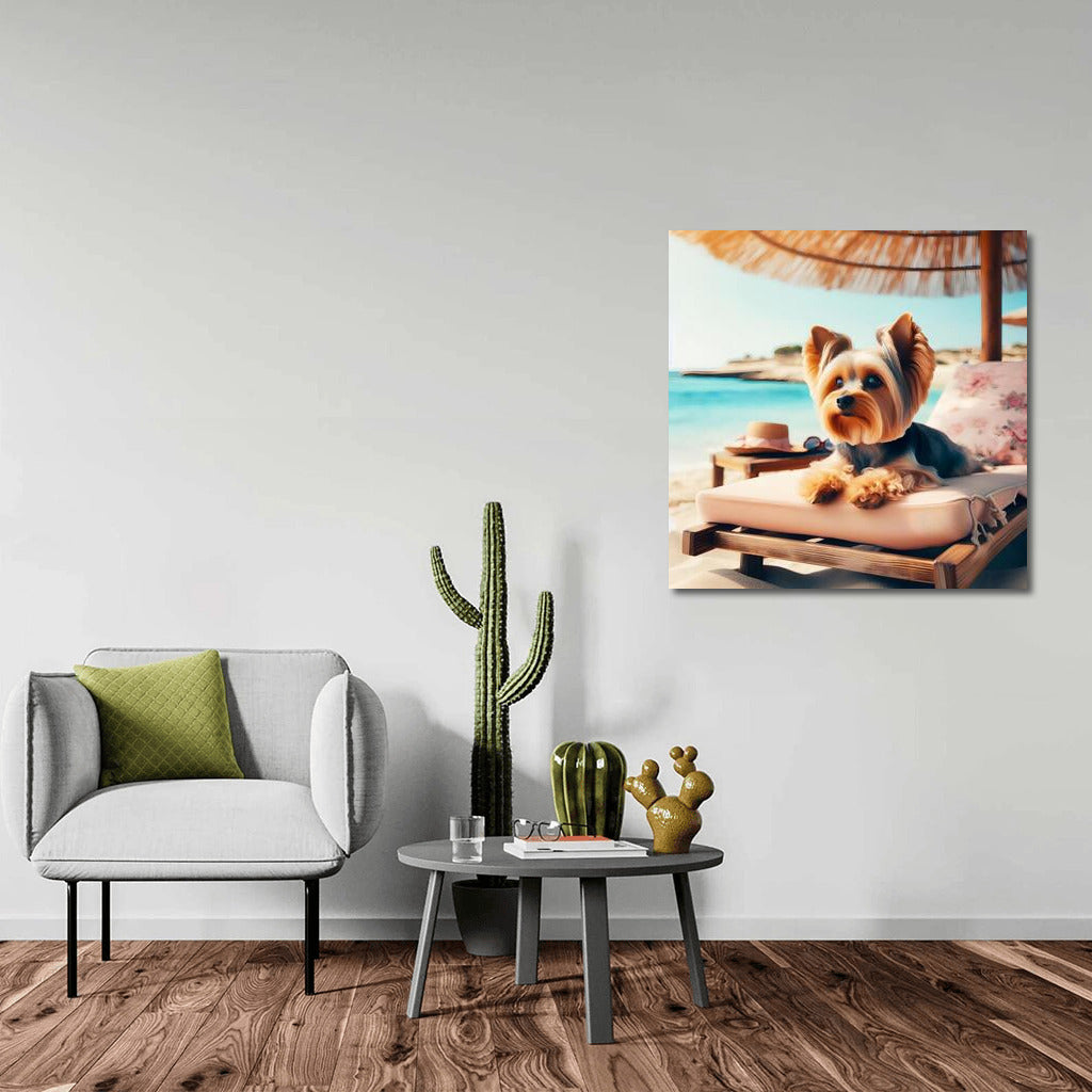 Yorkshire Terrier on the Beach: Relaxing Under an Umbrella