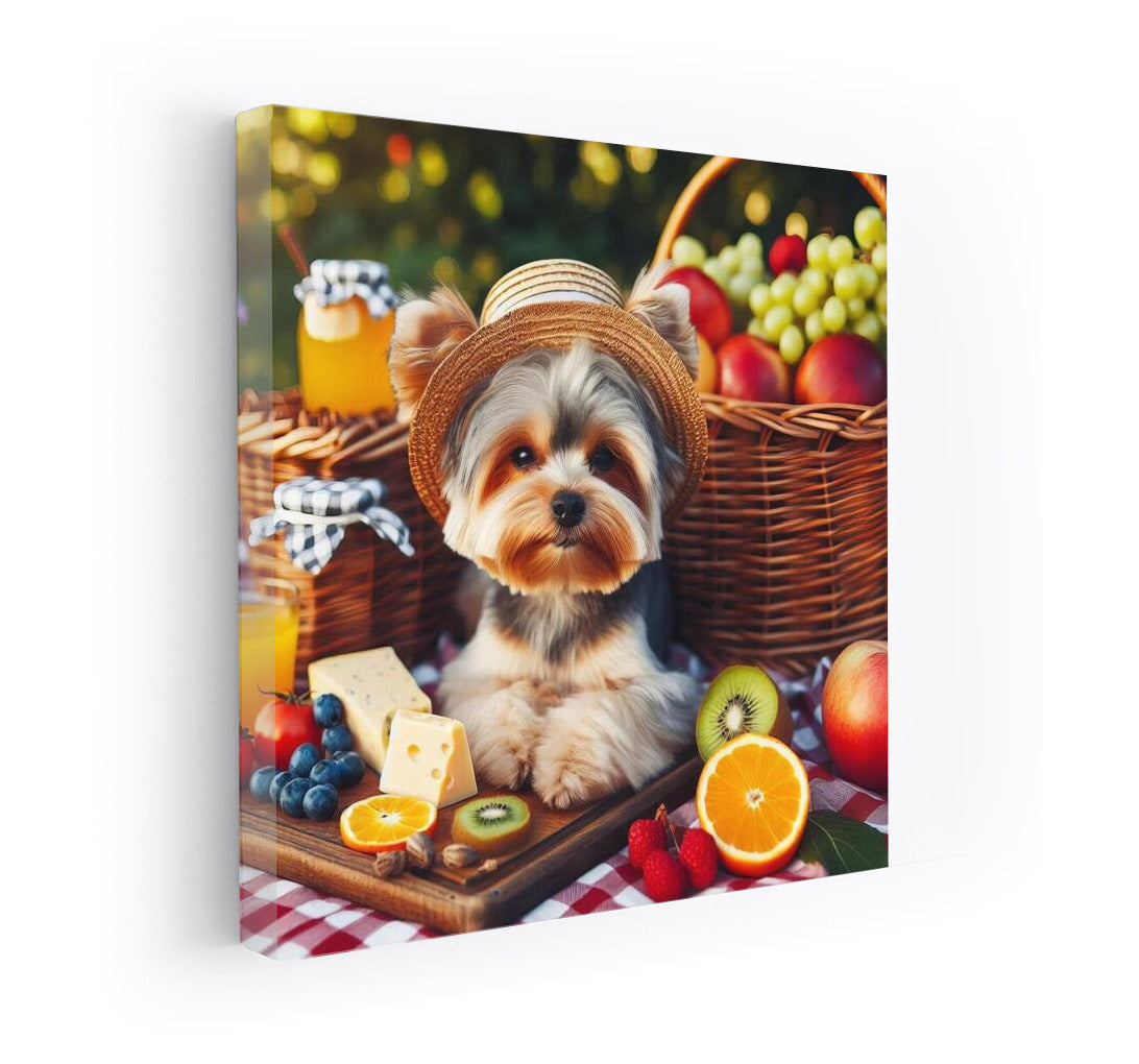 Yorkshire Terrier on a Checkered Blanket: Picnic with Fruit and Cheese