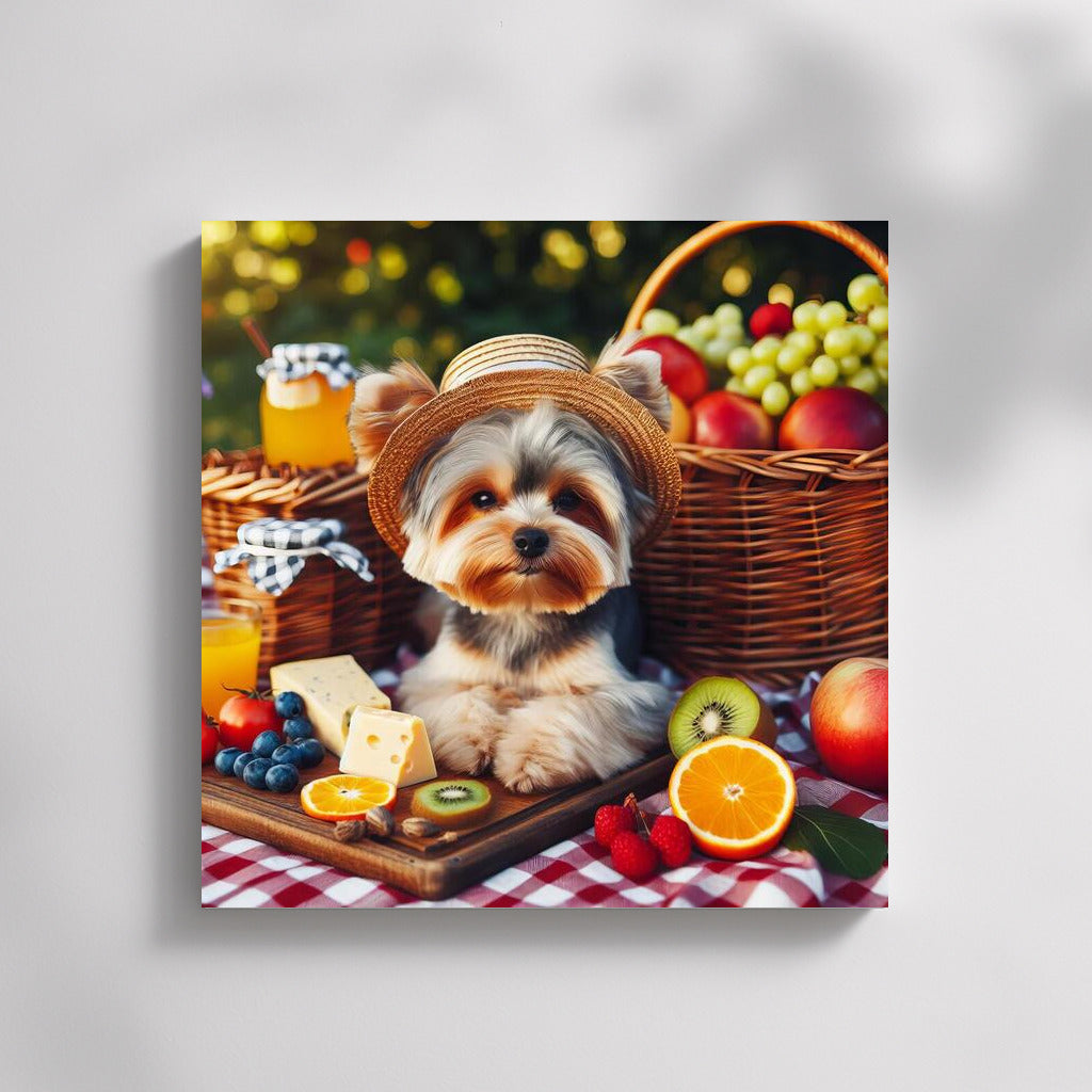 Yorkshire Terrier on a Checkered Blanket: Picnic with Fruit and Cheese