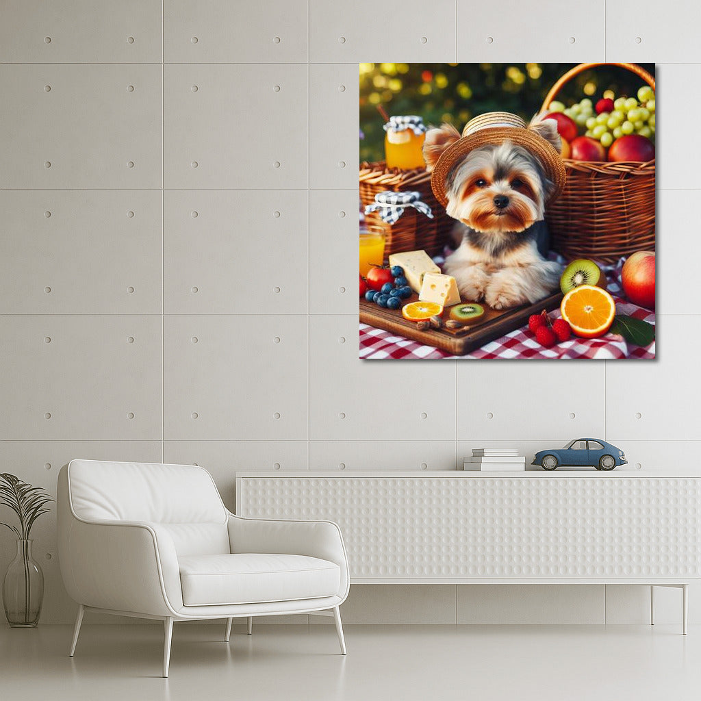 Yorkshire Terrier on a Checkered Blanket: Picnic with Fruit and Cheese