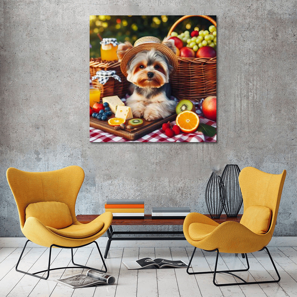 Yorkshire Terrier on a Checkered Blanket: Picnic with Fruit and Cheese