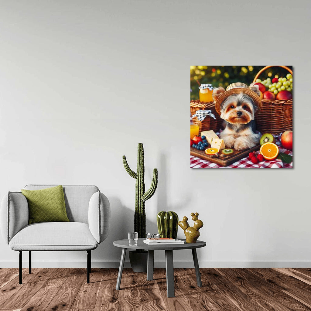 Yorkshire Terrier on a Checkered Blanket: Picnic with Fruit and Cheese