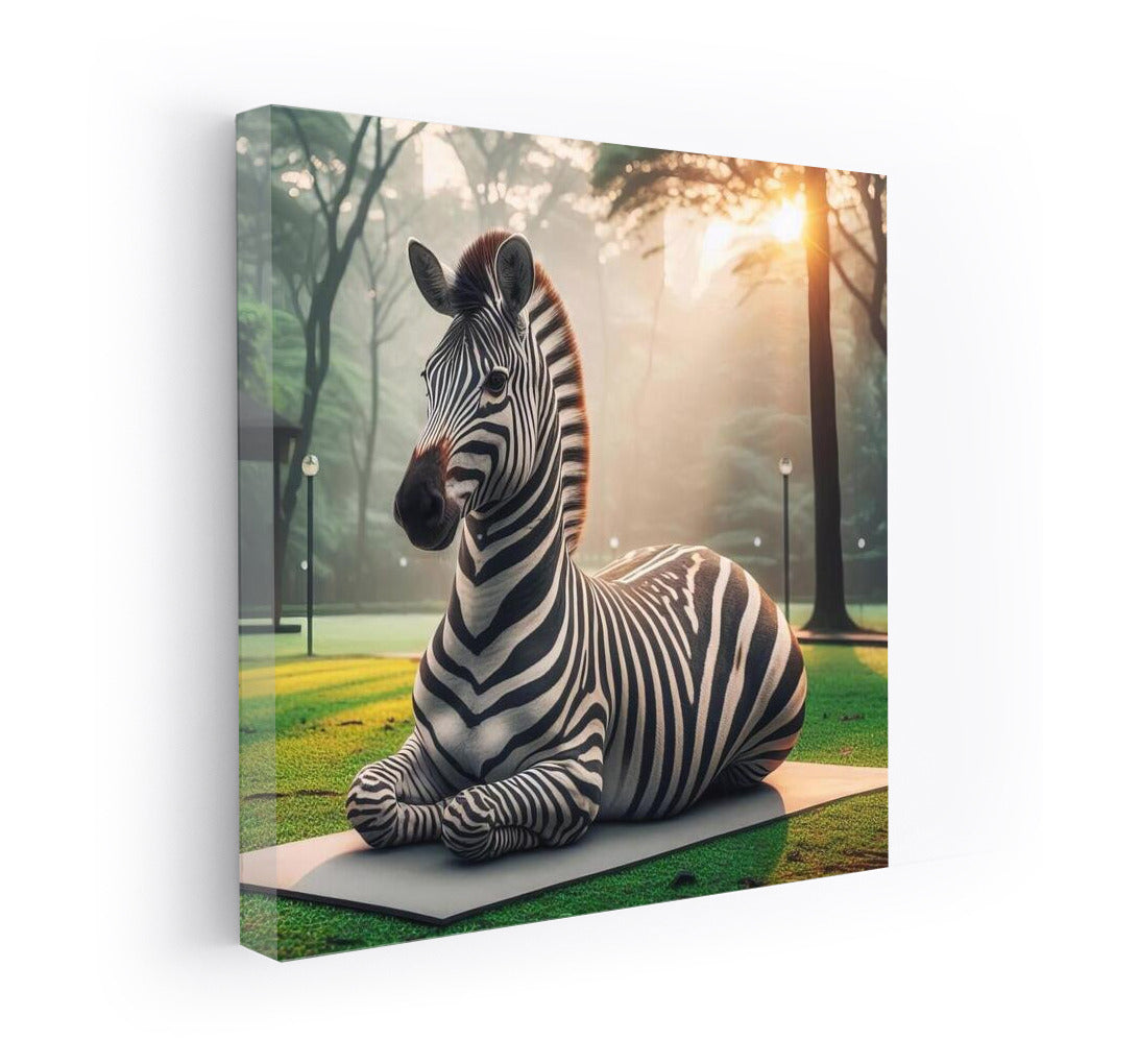 Zebra in Yoga Pose on Mat in Park: Harmony of Nature and Tranquility