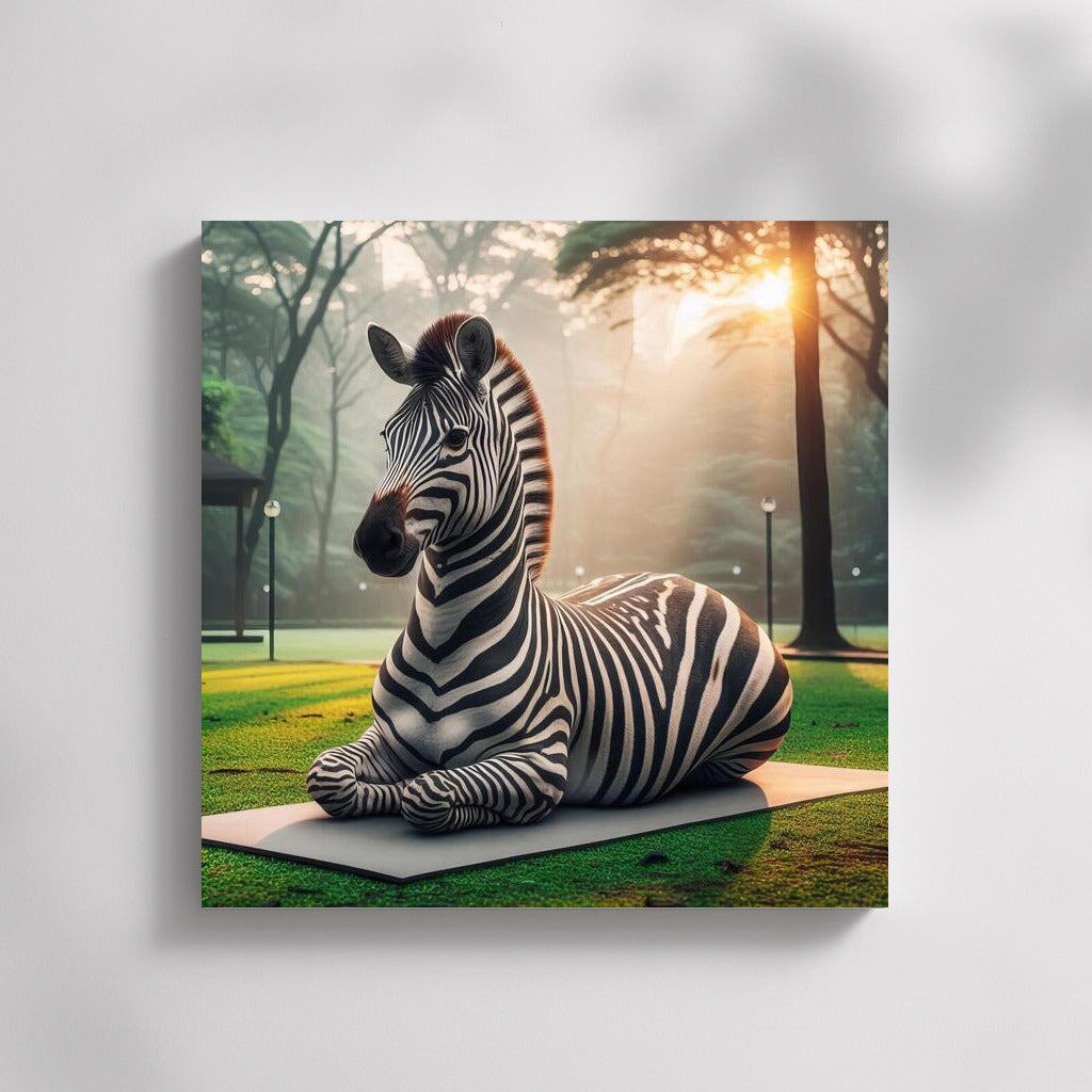 Zebra in Yoga Pose on Mat in Park: Harmony of Nature and Tranquility