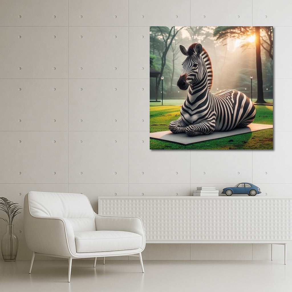 Zebra in Yoga Pose on Mat in Park: Harmony of Nature and Tranquility