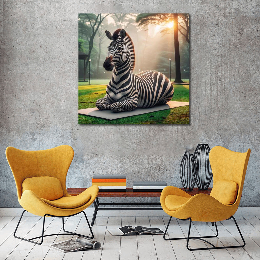 Zebra in Yoga Pose on Mat in Park: Harmony of Nature and Tranquility