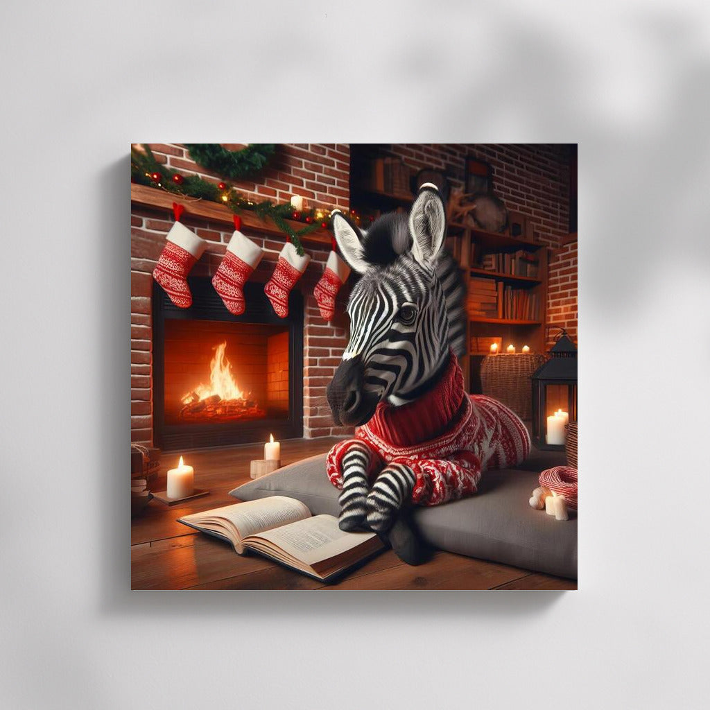 Zebra at the Fireplace Coziness: Reading in the Warmth