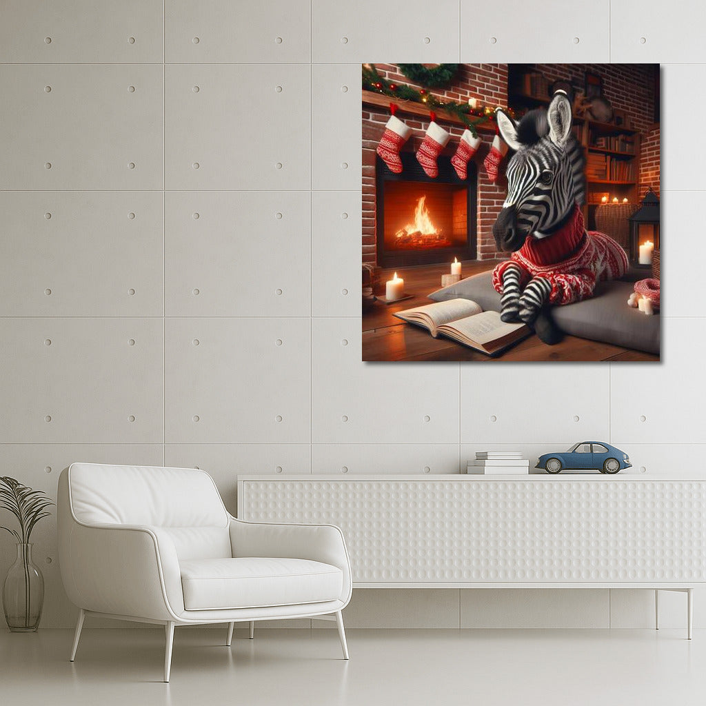 Zebra at the Fireplace Coziness: Reading in the Warmth