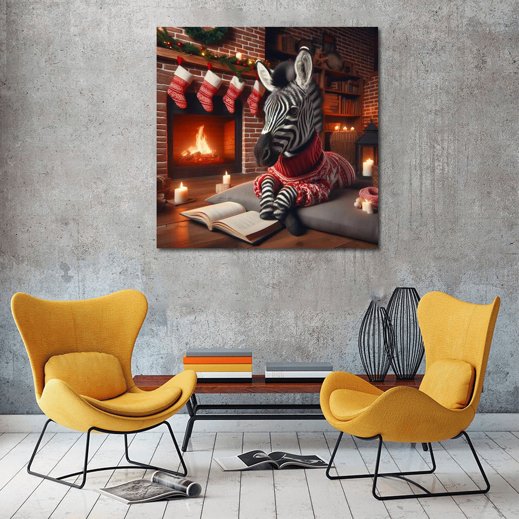 Zebra at the Fireplace Coziness: Reading in the Warmth