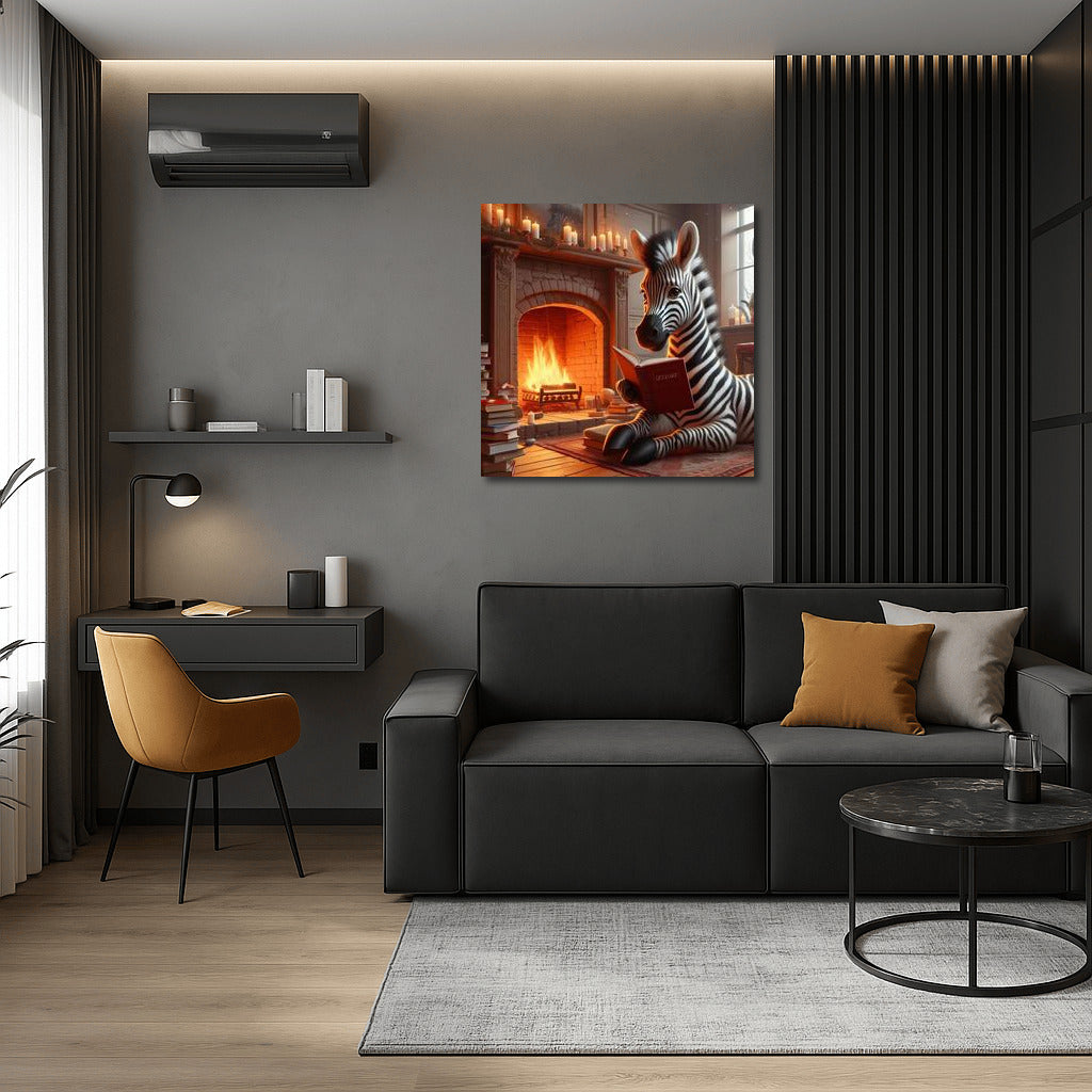 Zebra by the Fireplace: Reading in Comfort