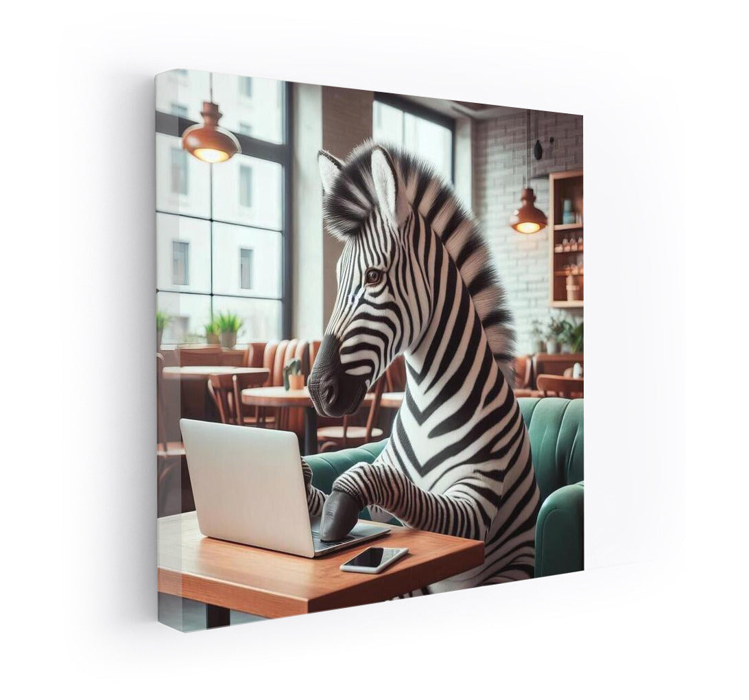 Zebra with a laptop in a cozy cafe: stylish decor for your interior