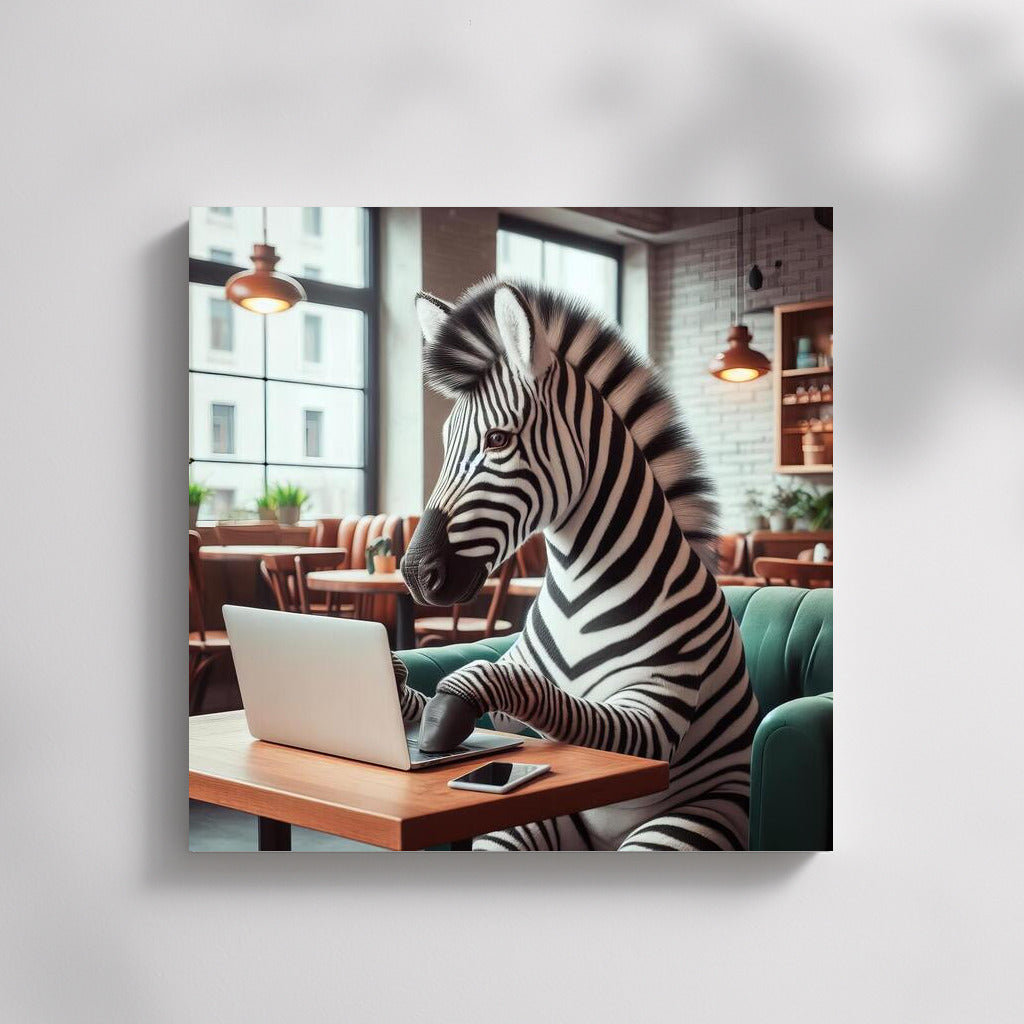 Zebra with a laptop in a cozy cafe: stylish decor for your interior
