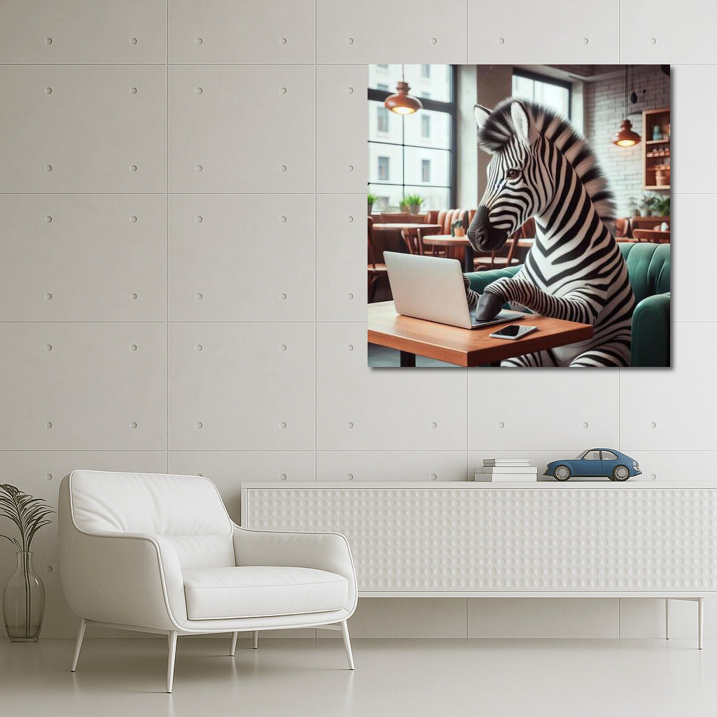 Zebra with a laptop in a cozy cafe: stylish decor for your interior