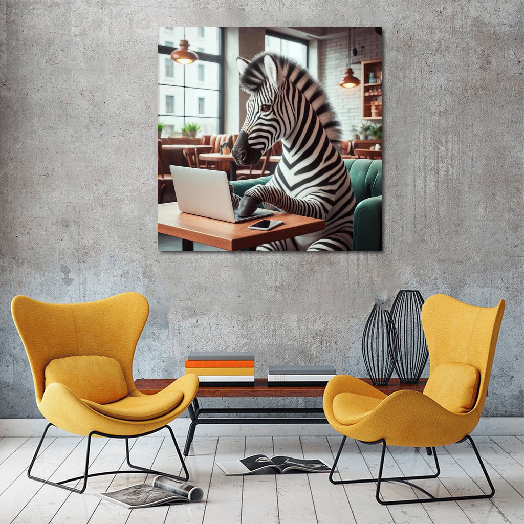 Zebra with a laptop in a cozy cafe: stylish decor for your interior