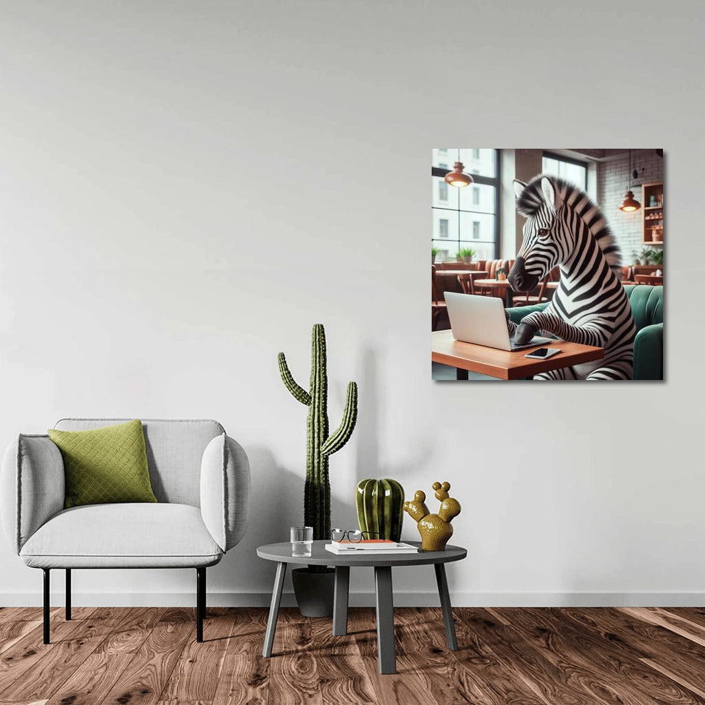 Zebra with a laptop in a cozy cafe: stylish decor for your interior