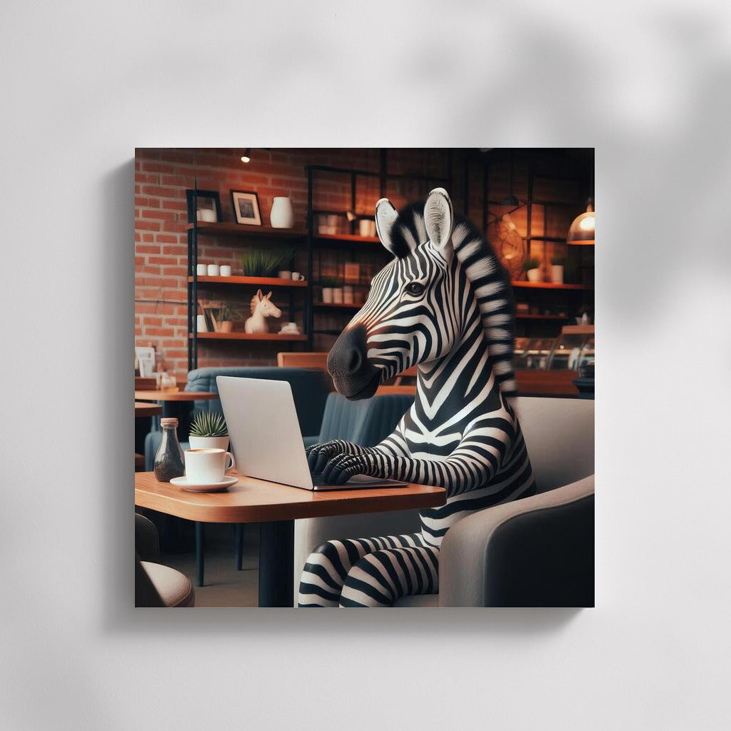 Creative Zebra in Cafe: Wild Style with Laptop