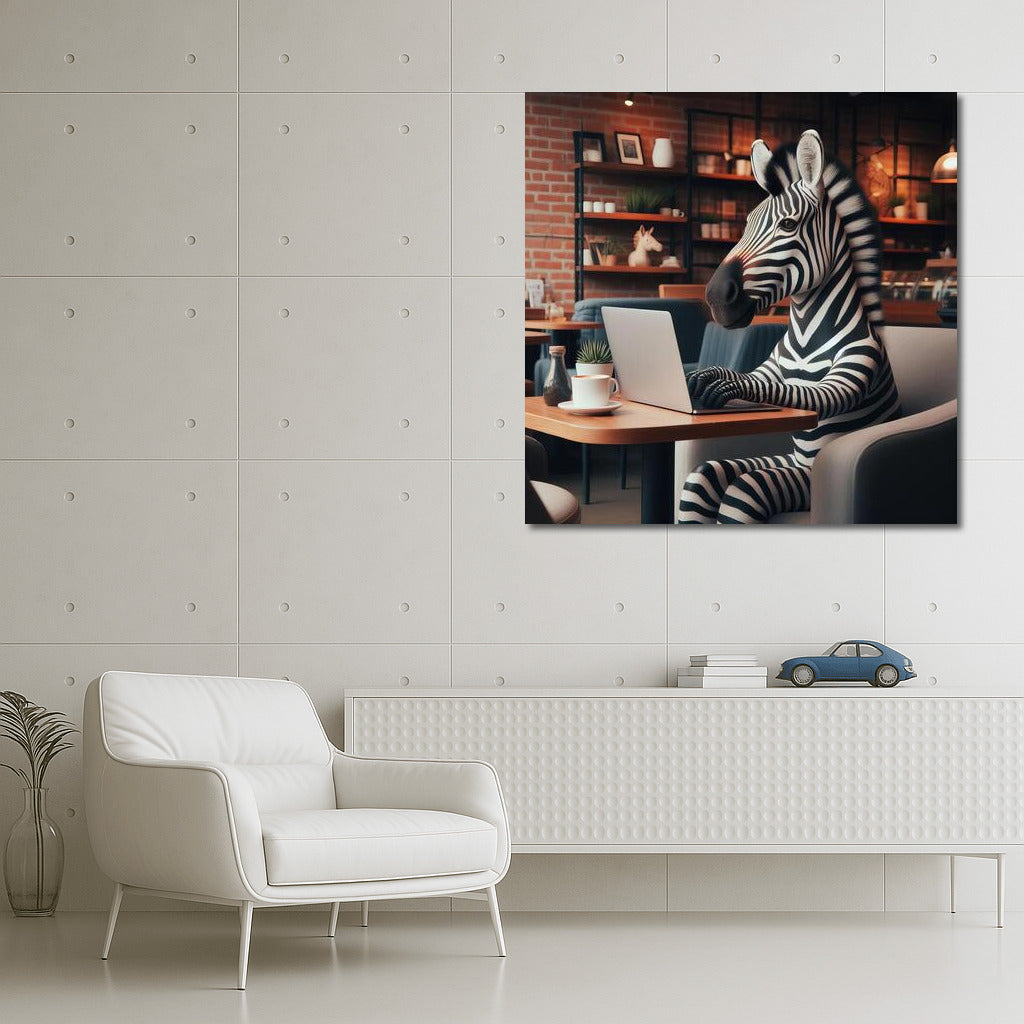 Creative Zebra in Cafe: Wild Style with Laptop