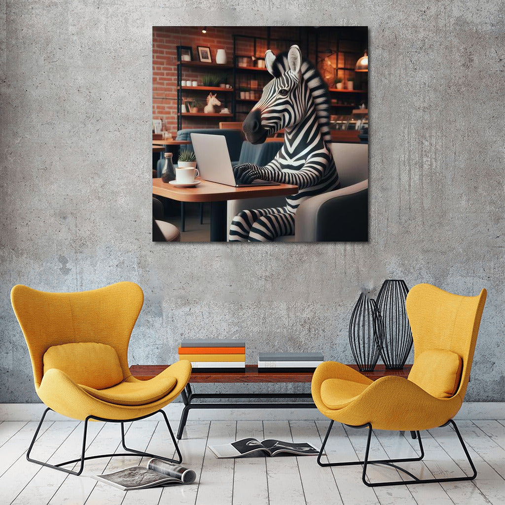Creative Zebra in Cafe: Wild Style with Laptop