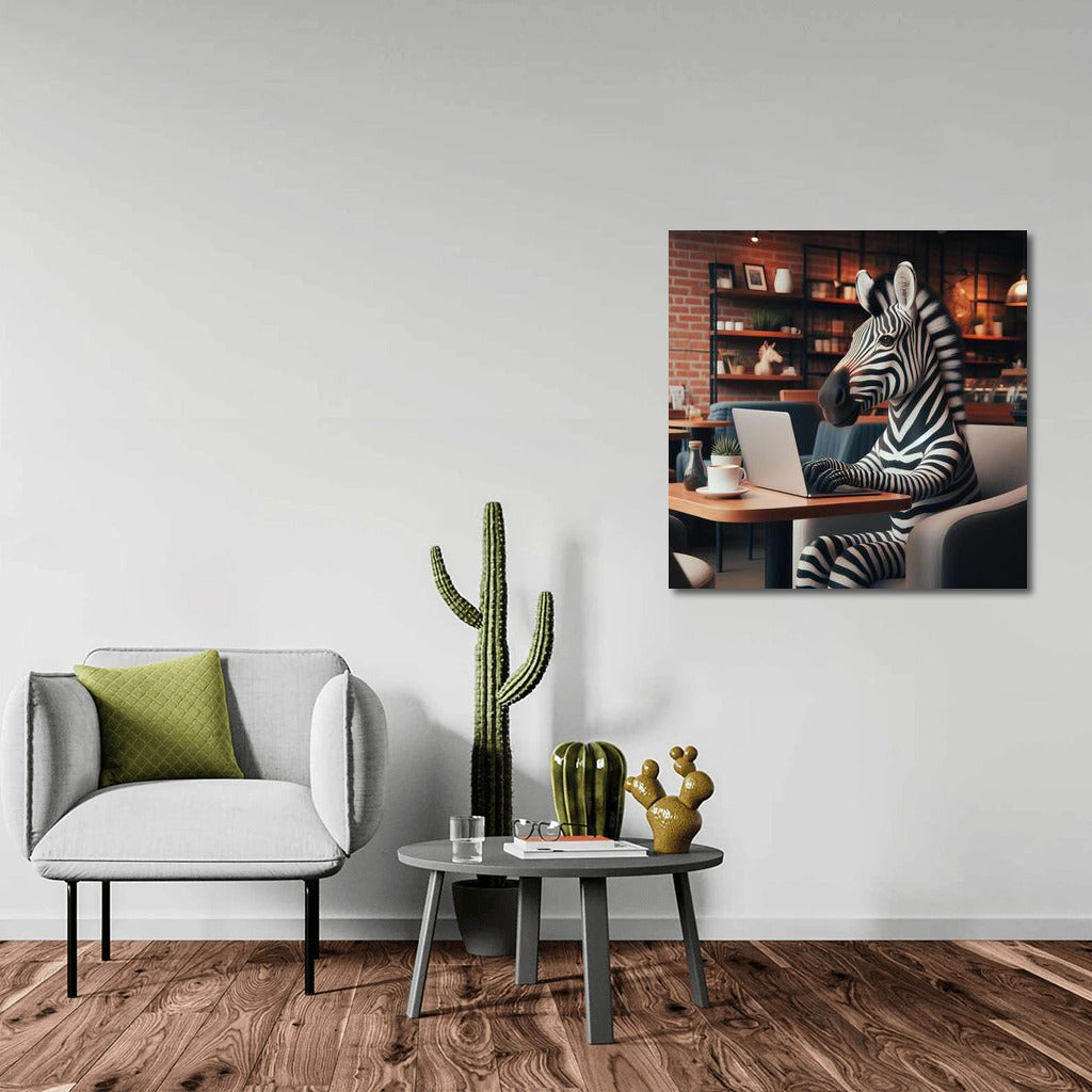 Creative Zebra in Cafe: Wild Style with Laptop