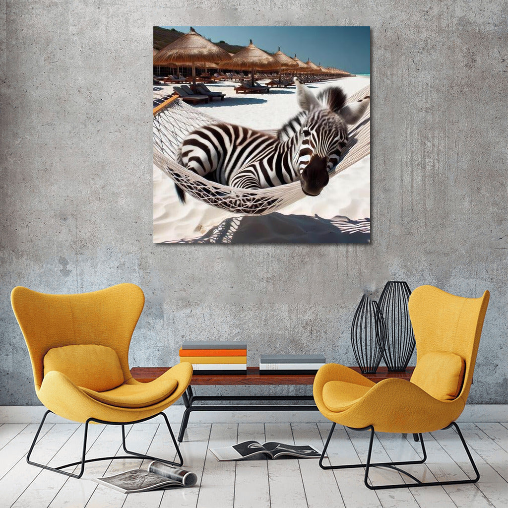 Zebra in a Hammock: Serene Relaxation on the Beach