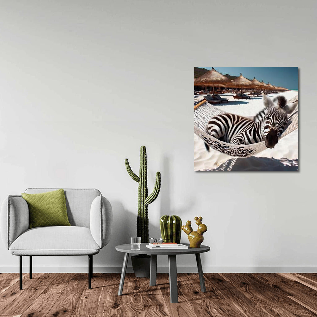 Zebra in a Hammock: Serene Relaxation on the Beach