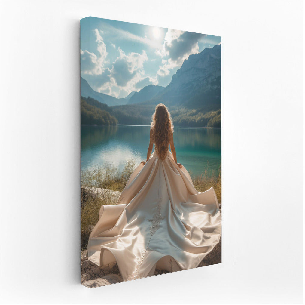 Charm of the Mountain: Girl in a Long Dress by the Lake
