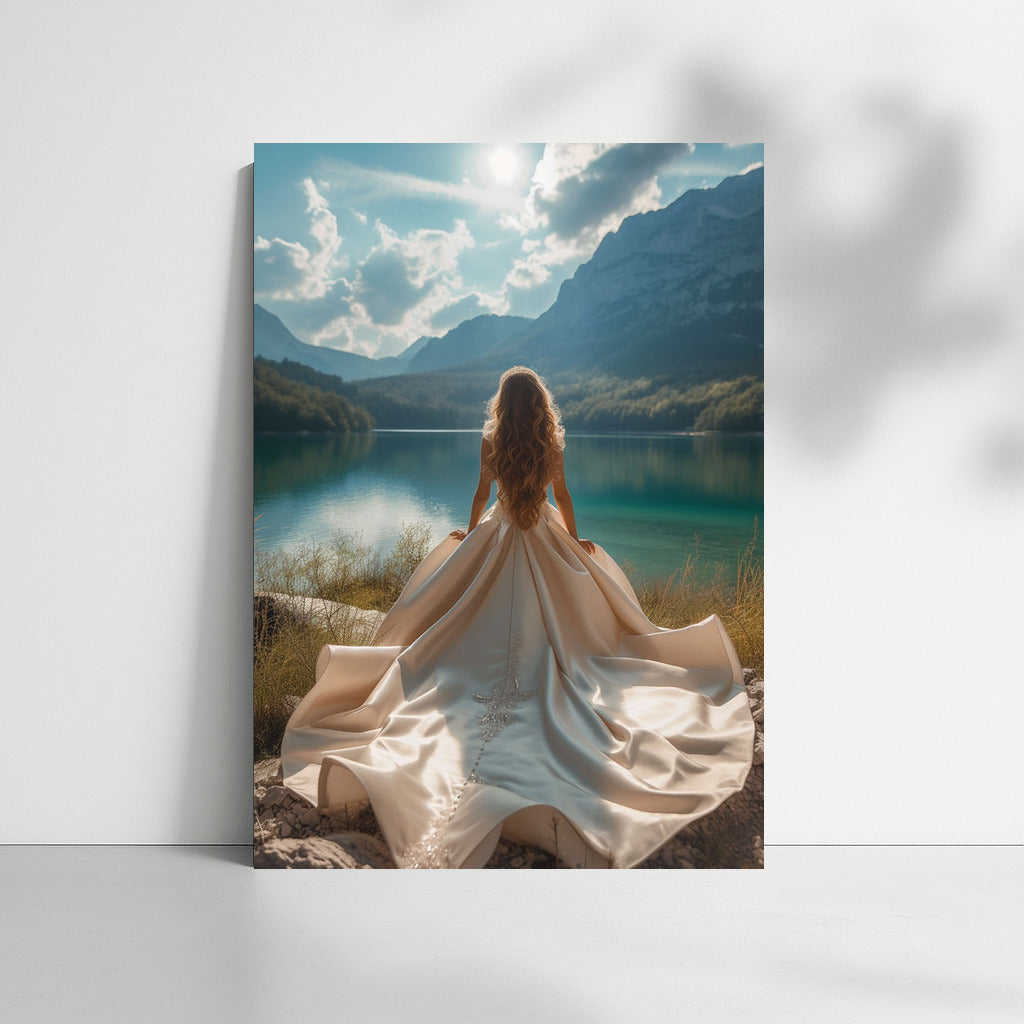 Charm of the Mountain: Girl in a Long Dress by the Lake