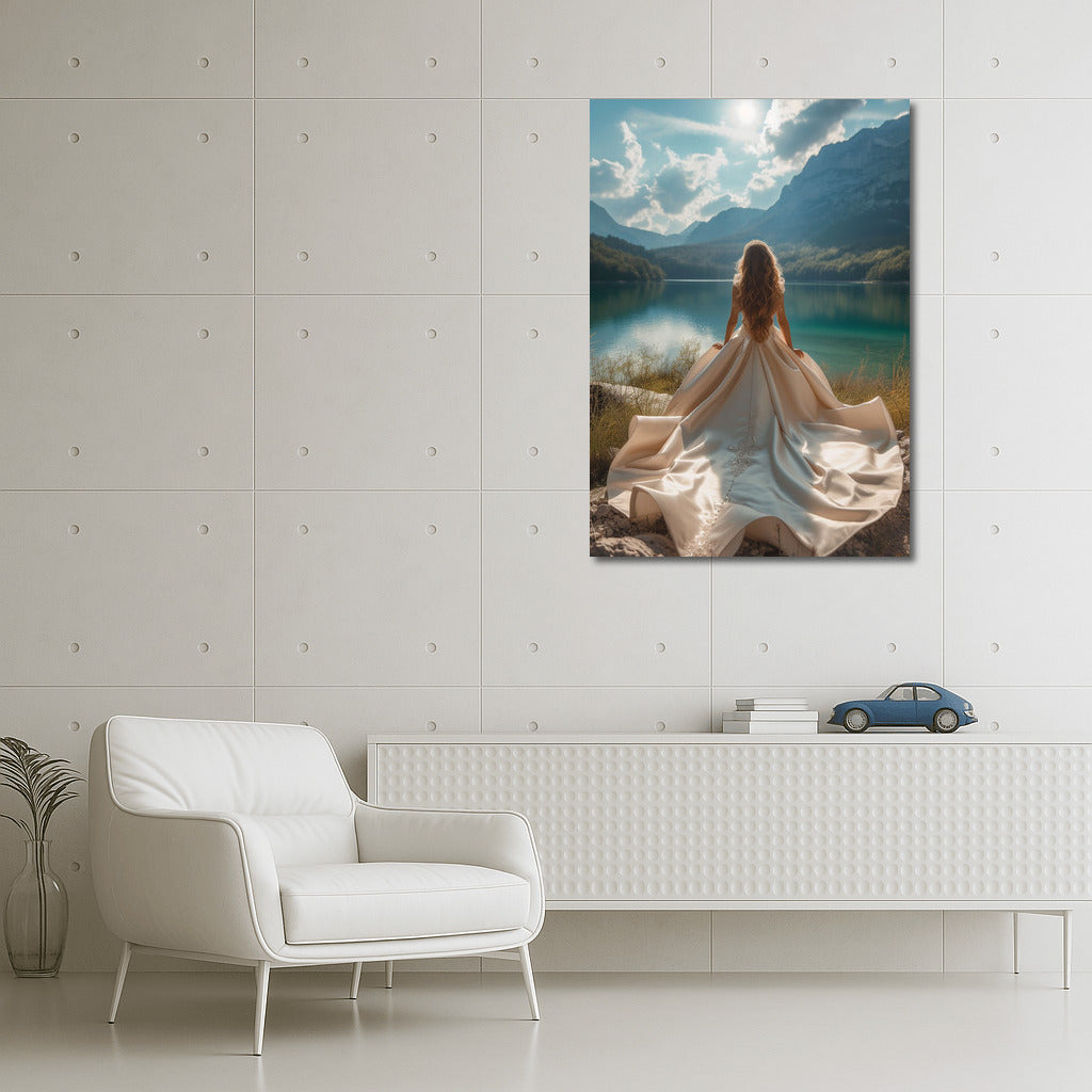Charm of the Mountain: Girl in a Long Dress by the Lake