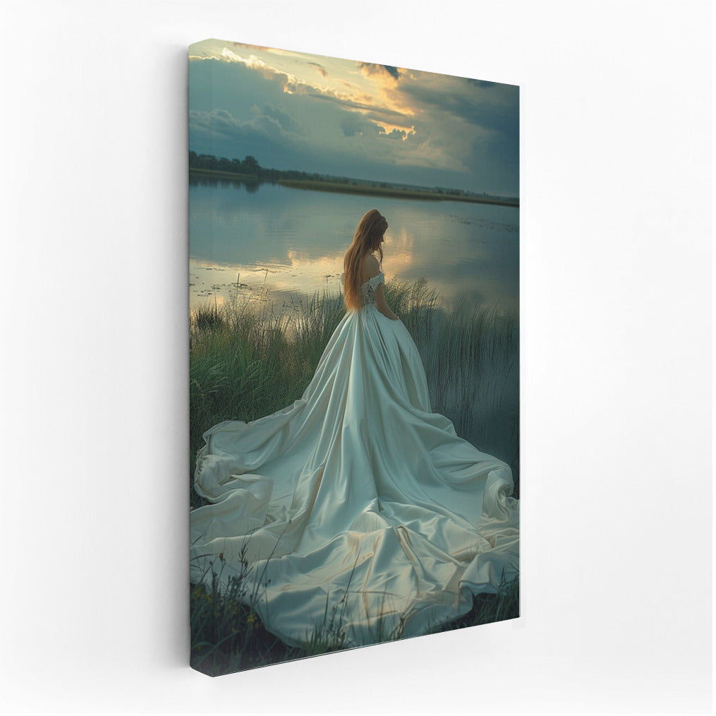 Sunset Grace: Girl in a Long Dress by the Lake