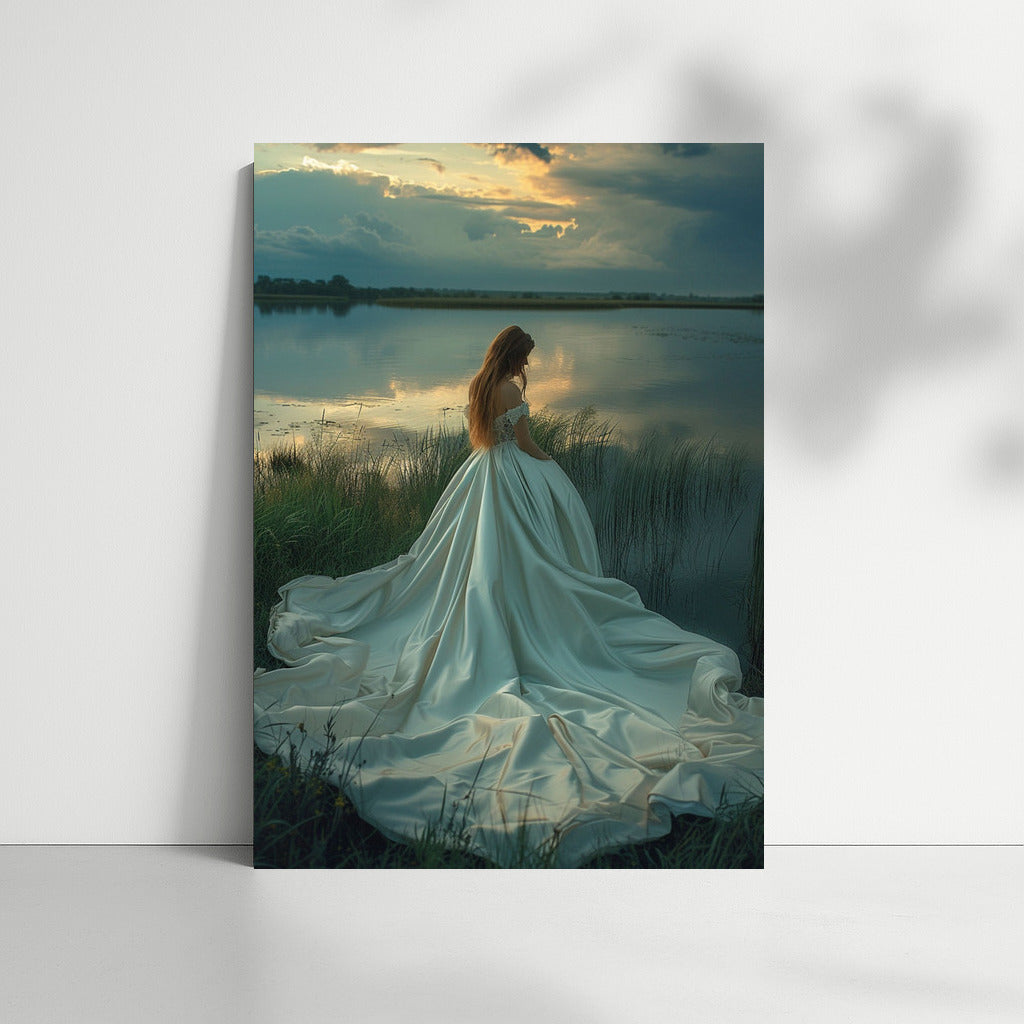 Sunset Grace: Girl in a Long Dress by the Lake