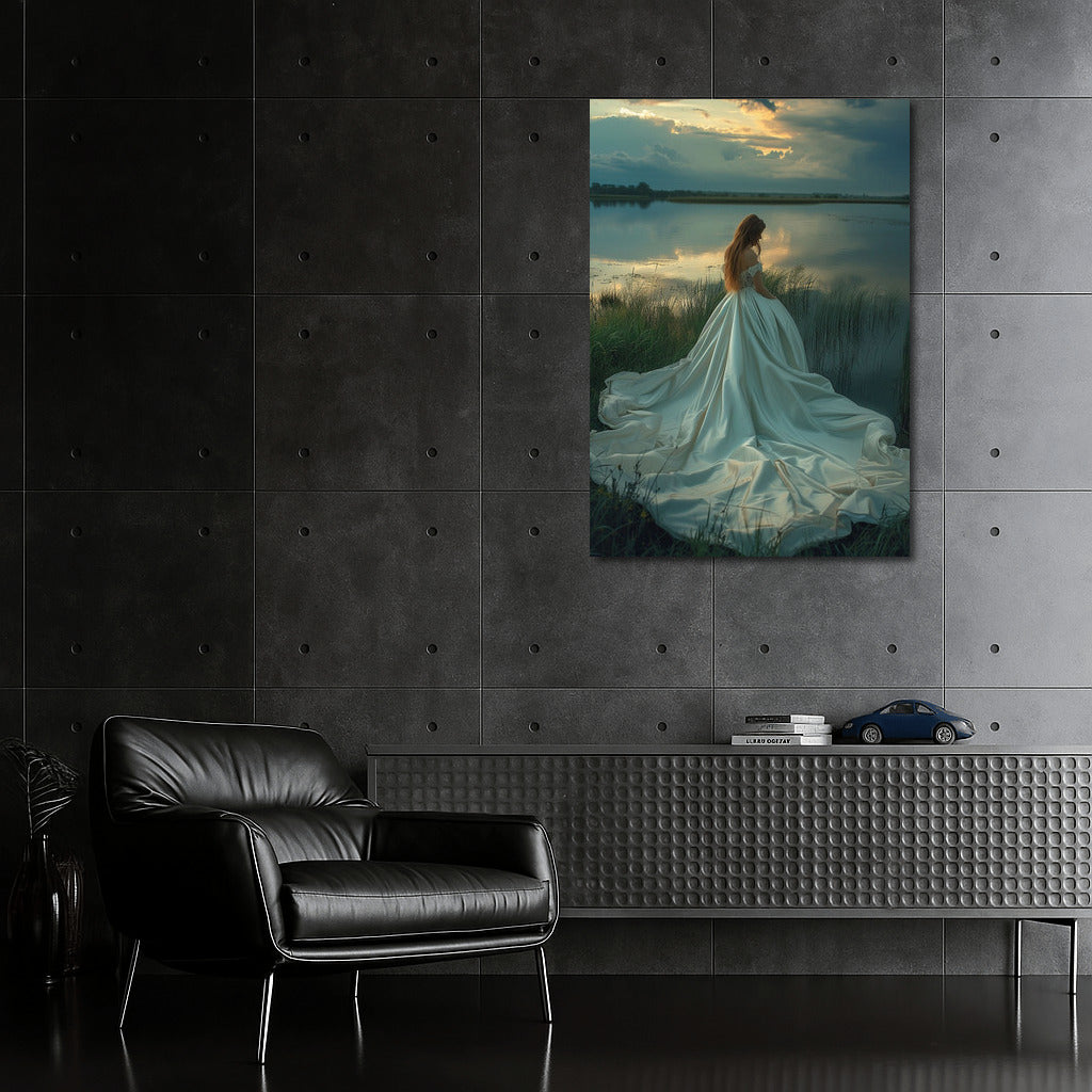 Sunset Grace: Girl in a Long Dress by the Lake
