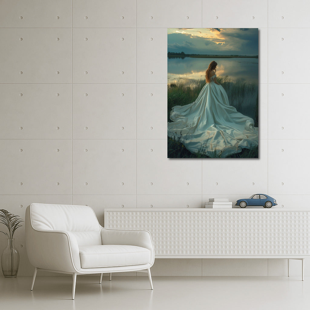 Sunset Grace: Girl in a Long Dress by the Lake