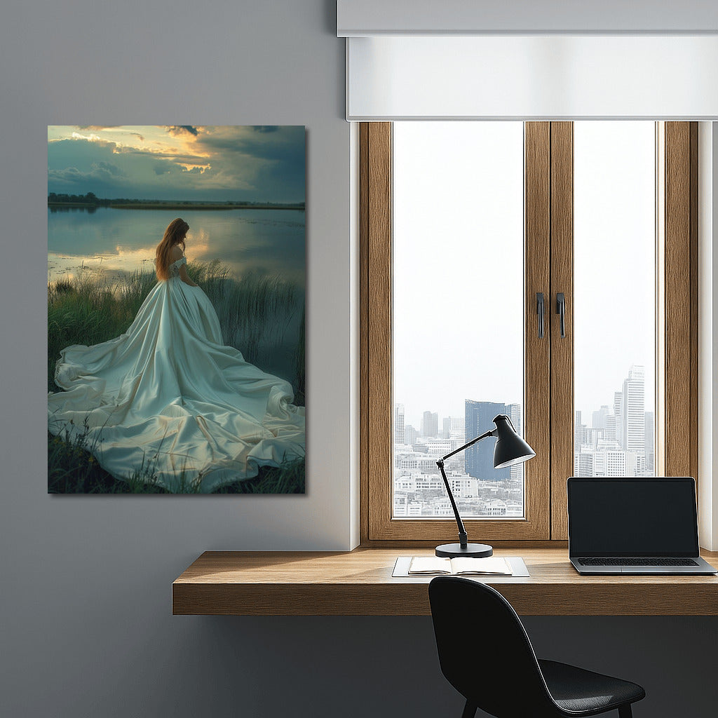 Sunset Grace: Girl in a Long Dress by the Lake