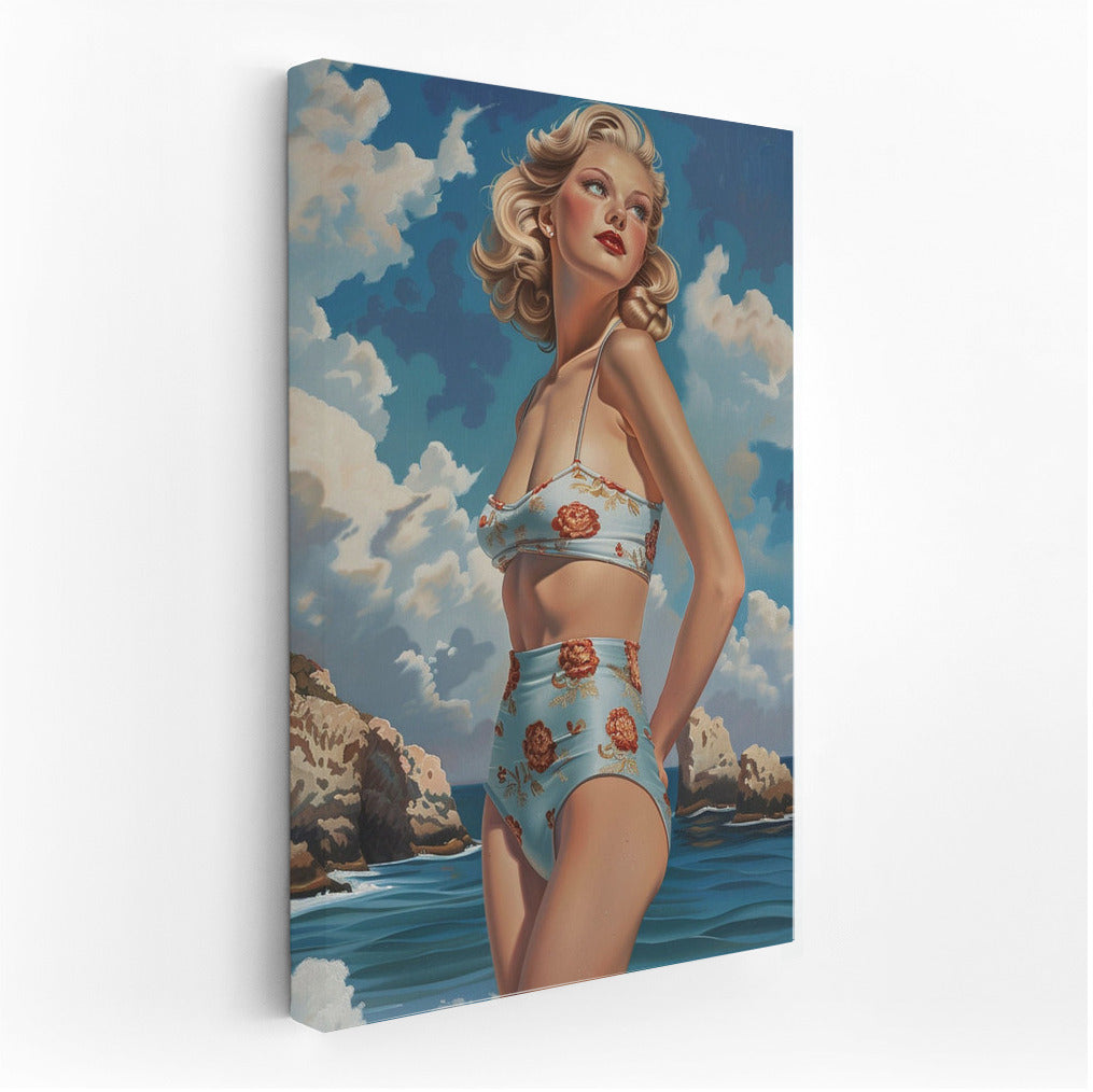 Elegant Blonde on Retro Sea Background: Vintage Charm for Classic Lovers